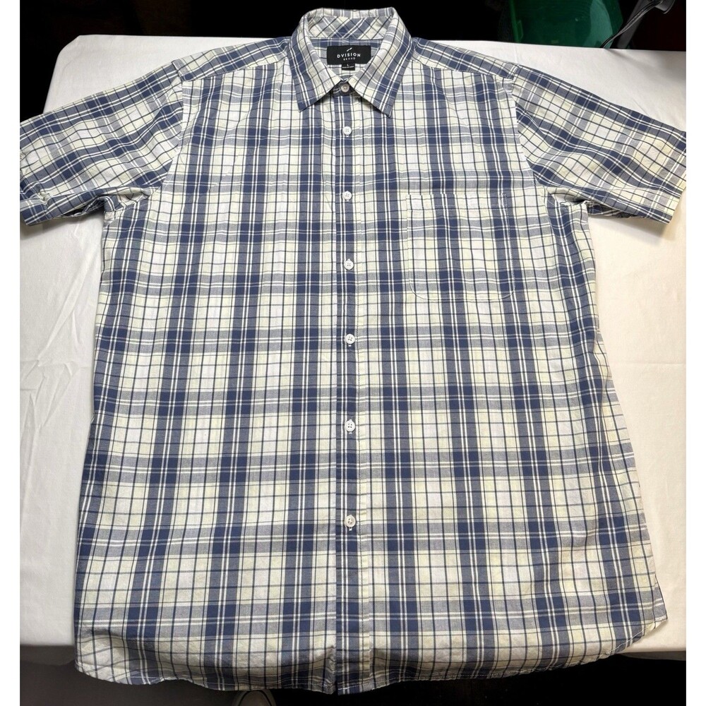 DVISION Men’s L Plaid Shirt Blue/White Long Sleeve Button-Up Pockets